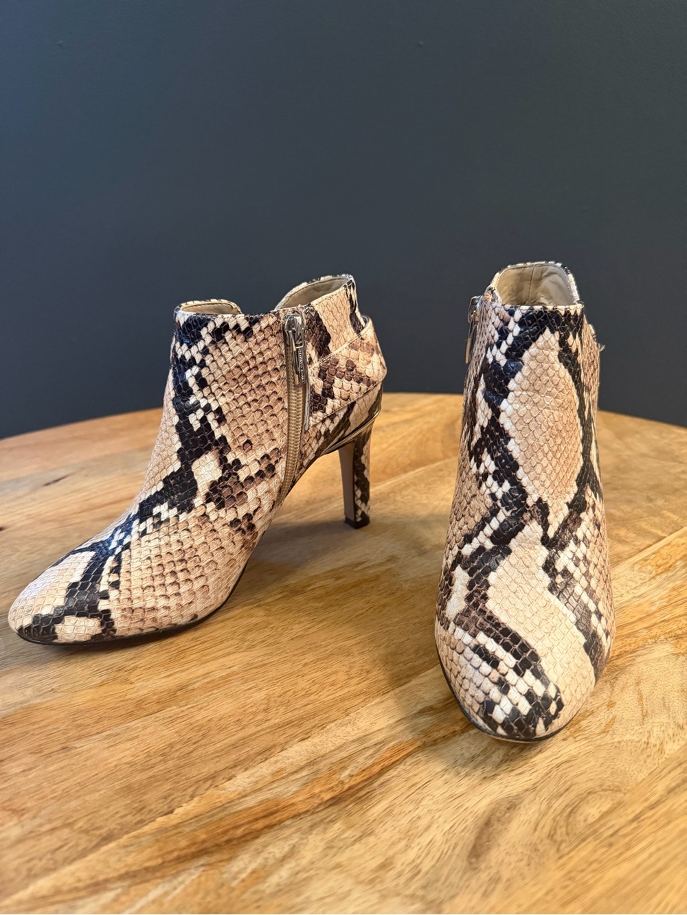 Vince Camuto Snake-Print Pointed Ankle Booties in Beige and Black